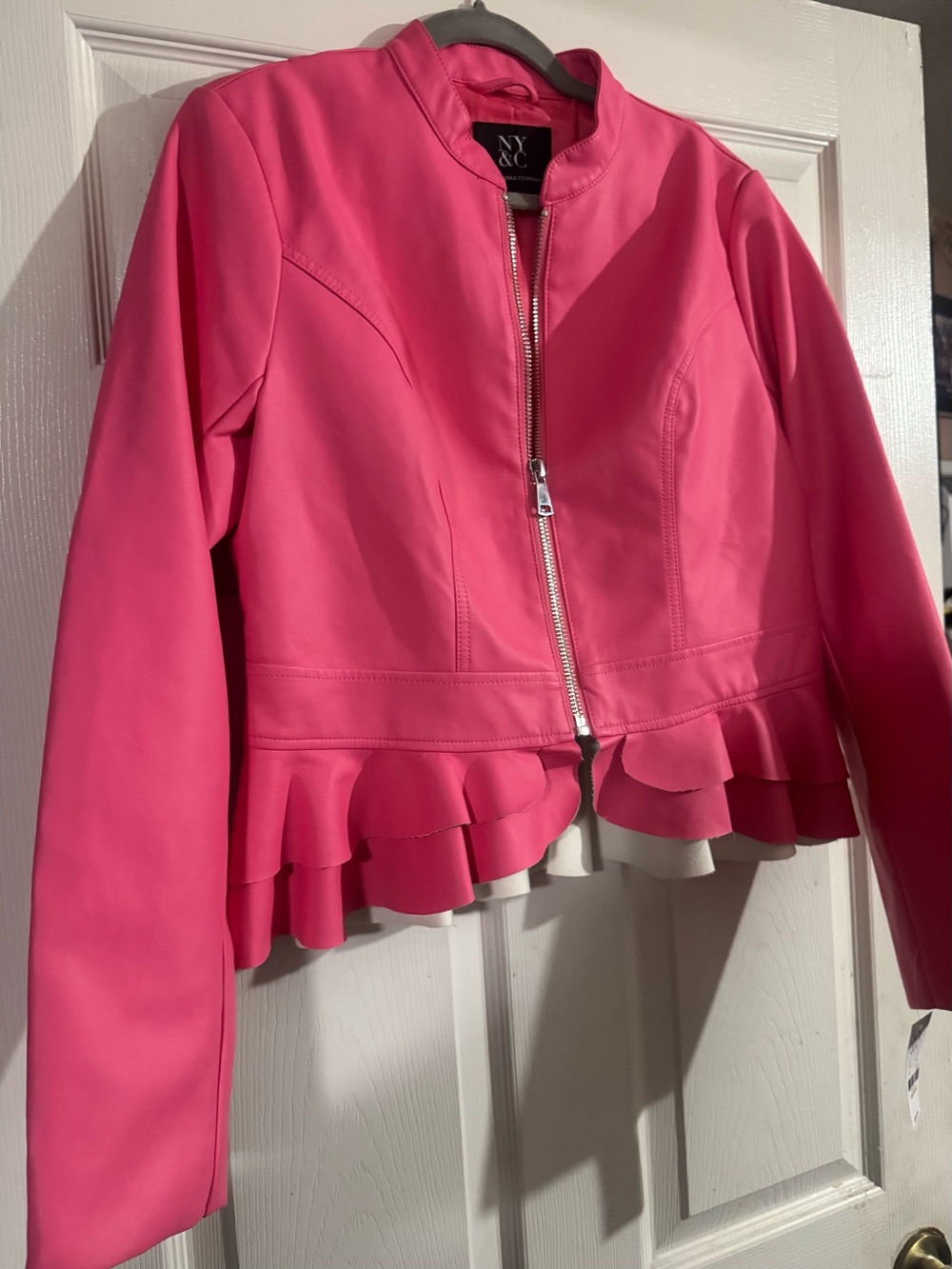 New York & Company Bright Pink Ruffled Peplum Zip Jacket